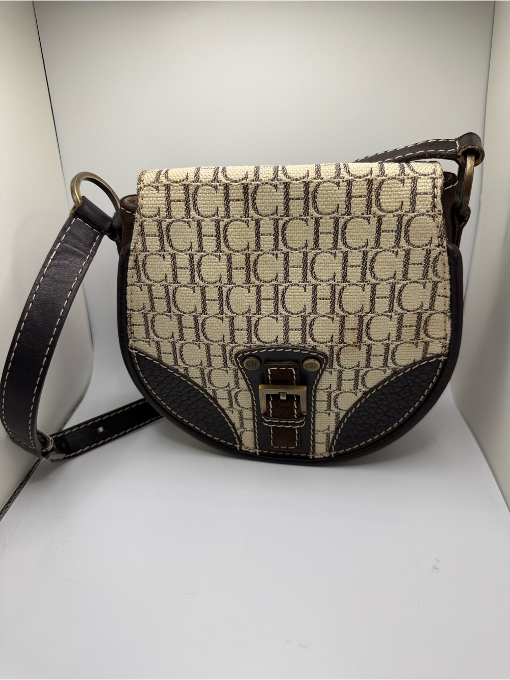 Vintage CH Carolina Herrera Cream and Brown Logo Small Shoulder Bag